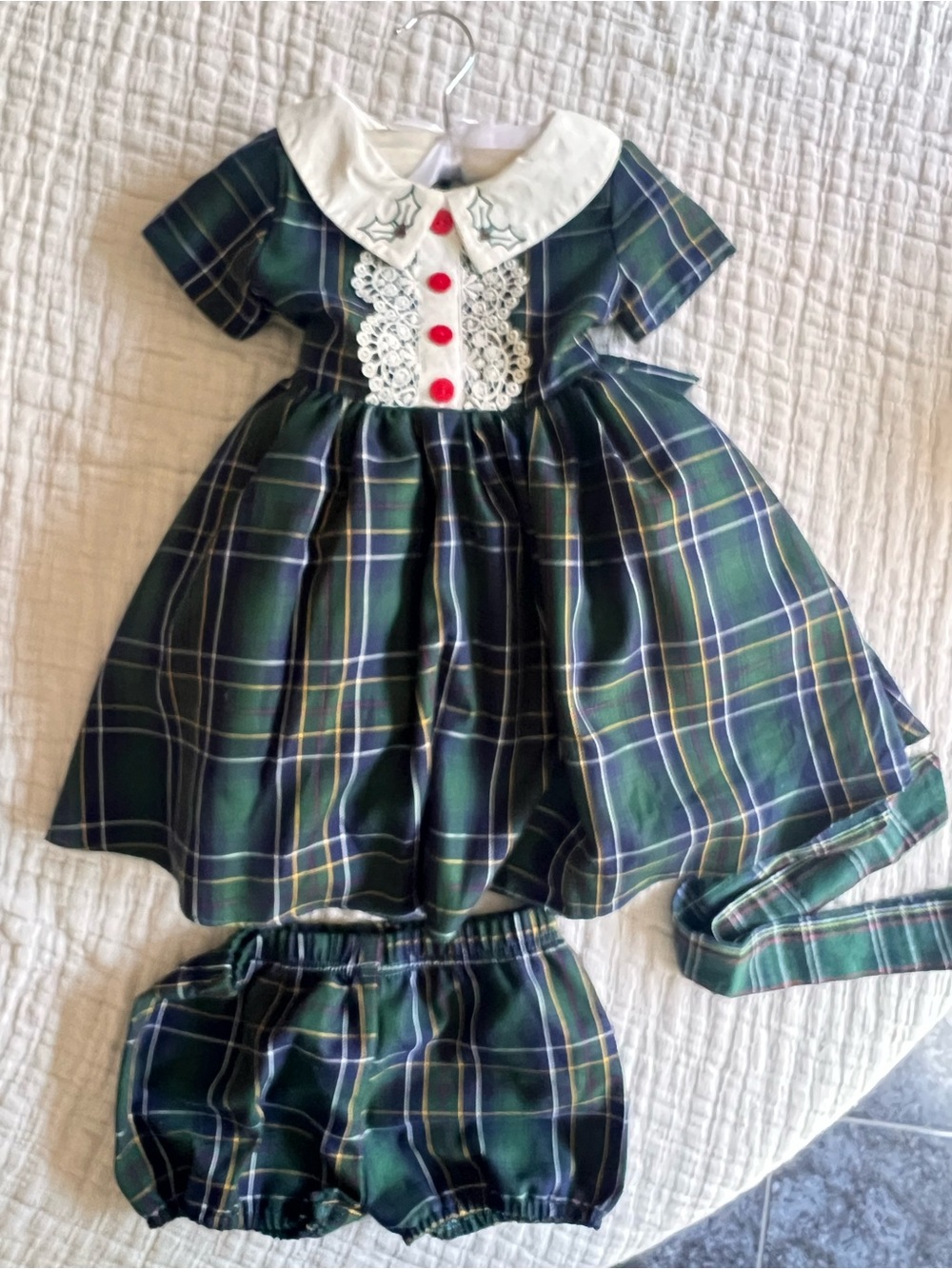 Girls Green Plaid Peter Pan Collar Formal Dress with Bloomer